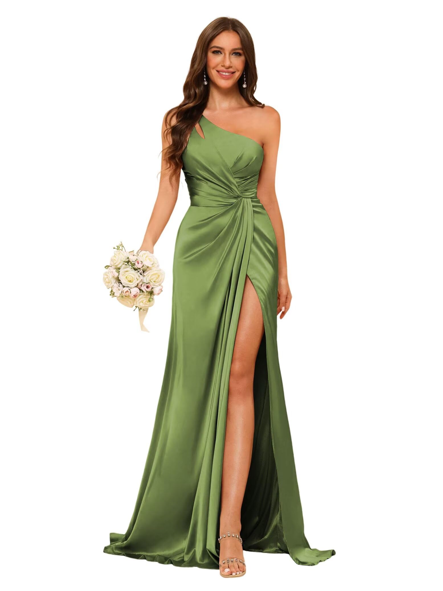 Womens One Shoulder Ruched Bridesmaid Dresses Long With Slit Satin |  Desertcart BAHRAIN