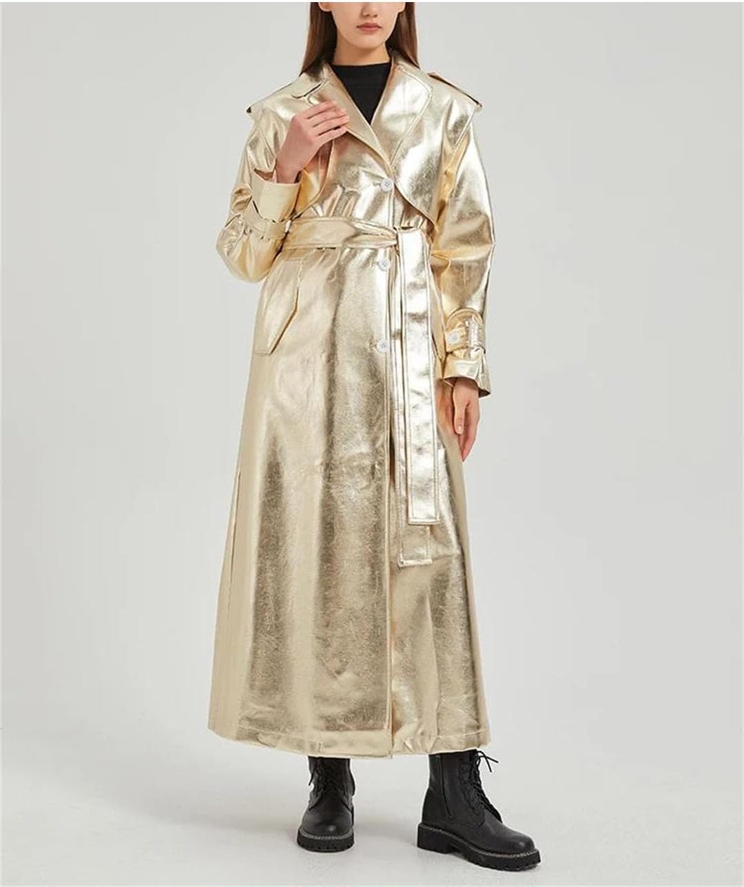 Women Extra Long Gold Shiny Patent Pu Leather Trench Coat Single Breasted Overcoat