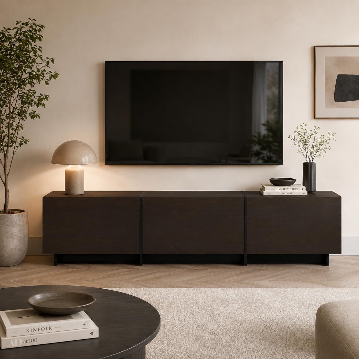 Lowboard Braun 180cm – TV-Schrank mit 3 Klappen & Metallrahmen, 38cm niedrig – Fernsehtisch als TV-Bank für Wohnzimmer & Schlafzimmer, 180×38×30cm