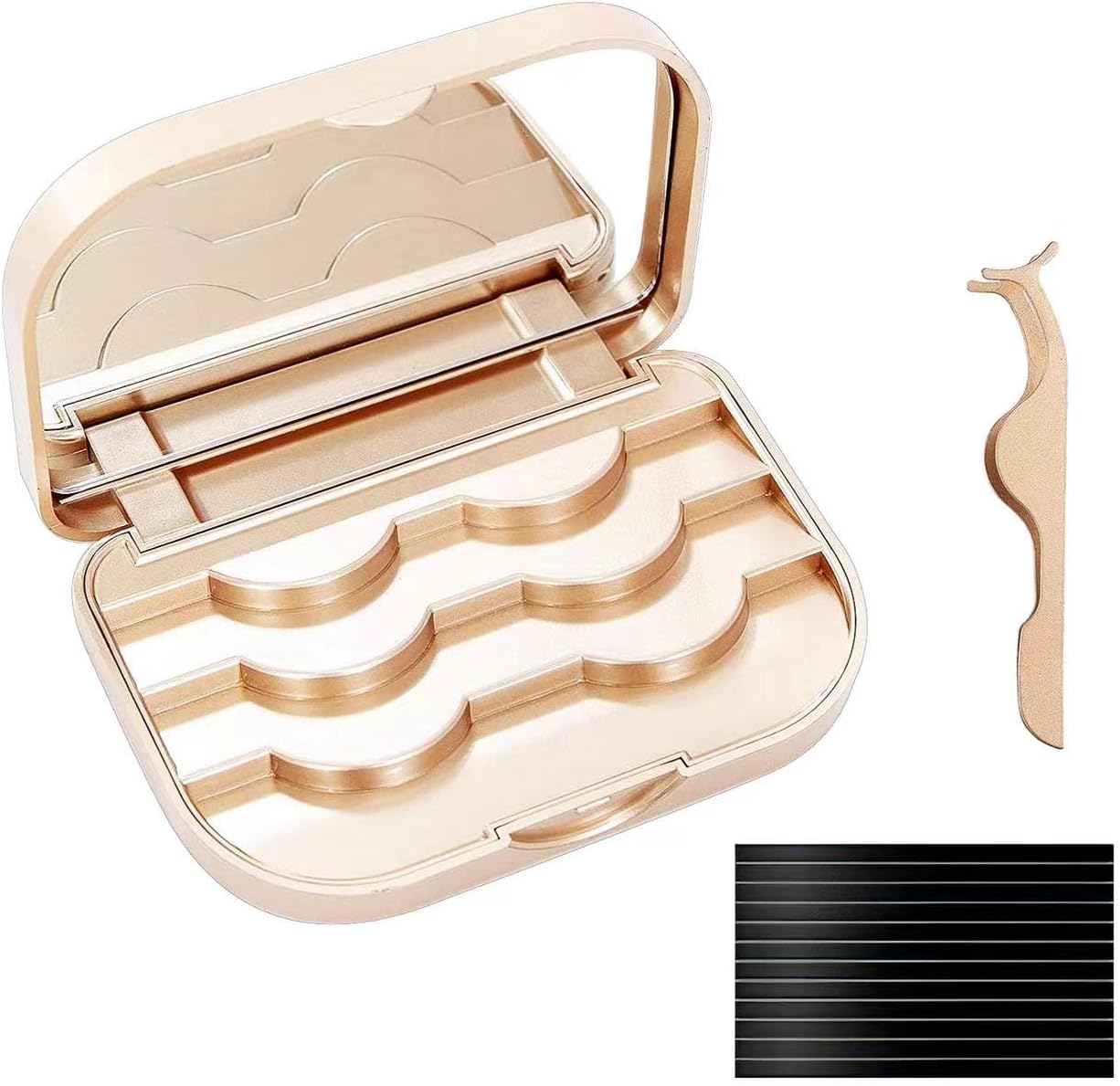 False Eyelash Storage Case with Mirror Lash Organizer Holder Box Empty Makeup Cosmetic Travel Case and Eyelash Tweezers Lash Container (Gold)