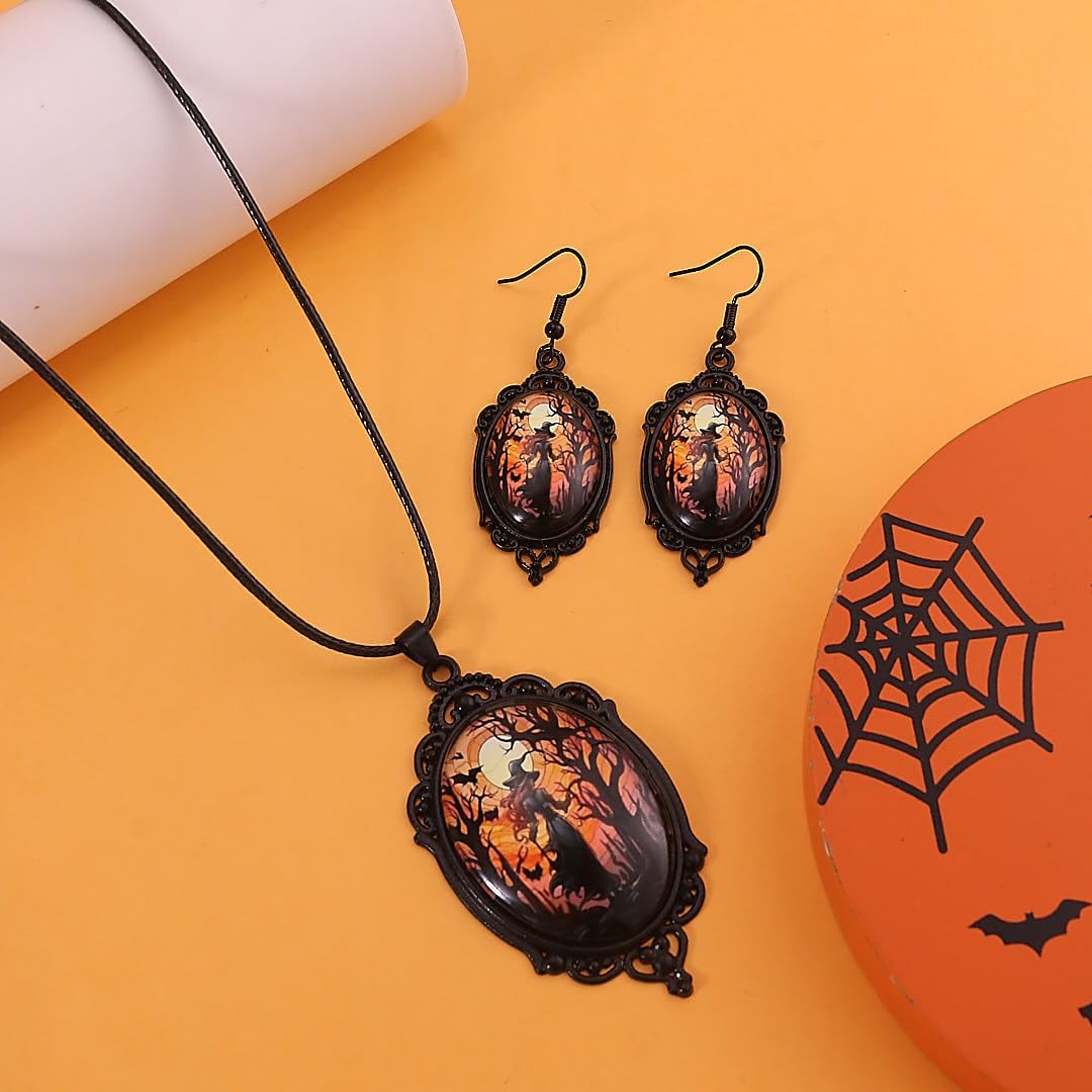 Goth Halloween Jewelry for Women Vintage Gothic Witch Pendant Necklace Earrings Punk Black Bat Glass Necklaces Witch Halloween Gothic Jewelry Emo Accessories - Image 4