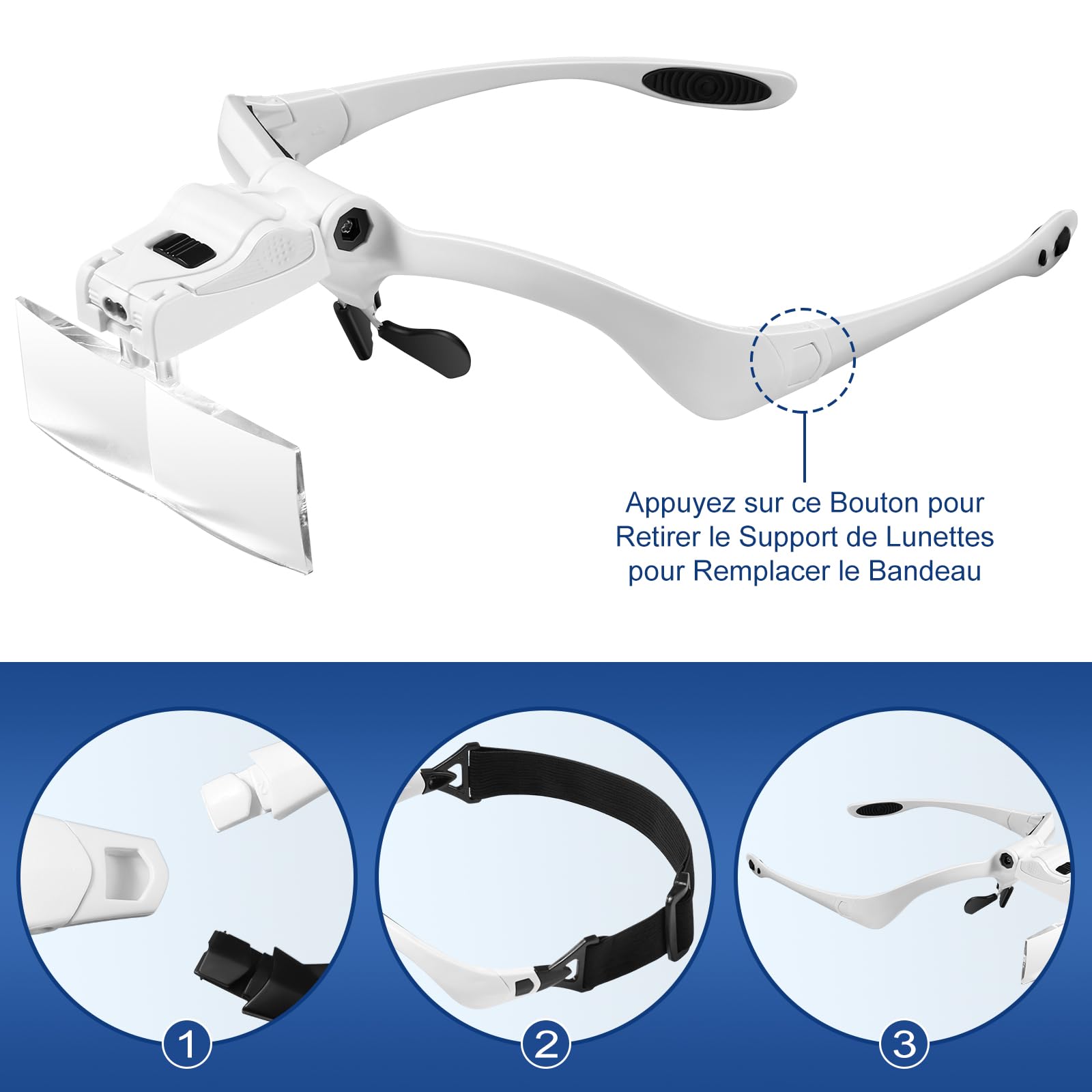 Vinabo Stirnband-Lupe mit LED-Licht, Kopflupe mit – 5 Abnehmbaren Linsen (1,0 x 1,5 x 2,0 x 2,5 x 3,5 x), für alle Präzisionsarbeiten, Lesen, Juwelier, Sticken, Nähen, Schmuck (Packung mit 3)