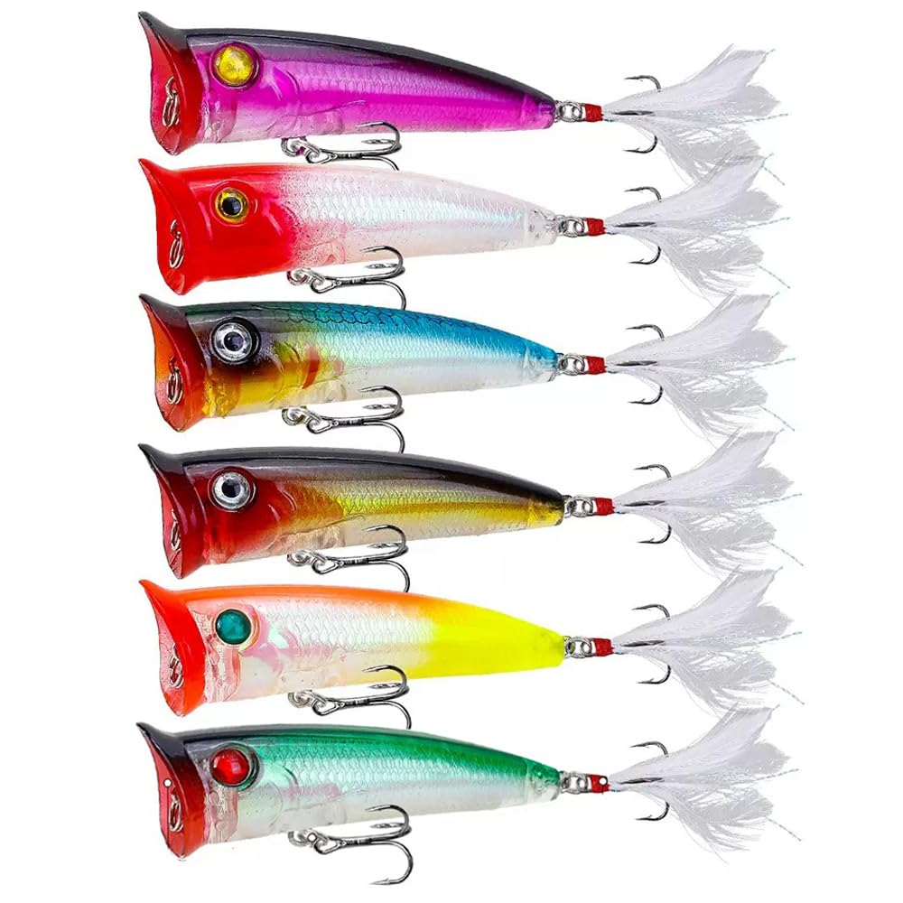 Popper - Señuelos de pesca para agua superior, cebos duros con ojos 3D, cebo de natación con gancho agudos para lubina, trucha, agua dulce, agua salada
