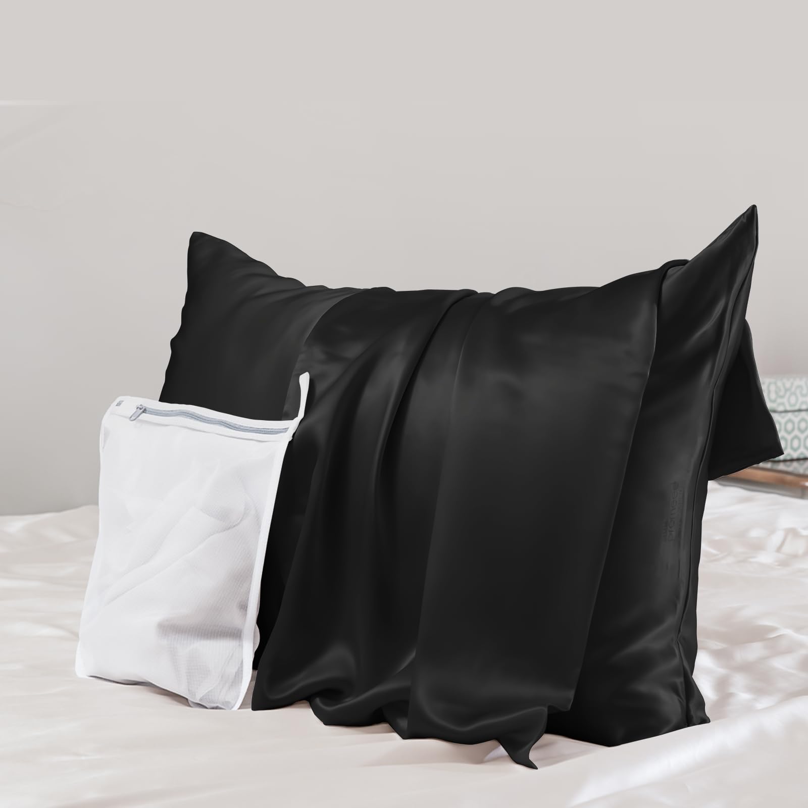 PROMEED Funda de almohada de seda negra de grado 6A+ con cremallera, seda de morera natural de 23 momme para cabello y piel, fácil cuidado con bolsa de colada (King, 51 x 91 cm, negro)