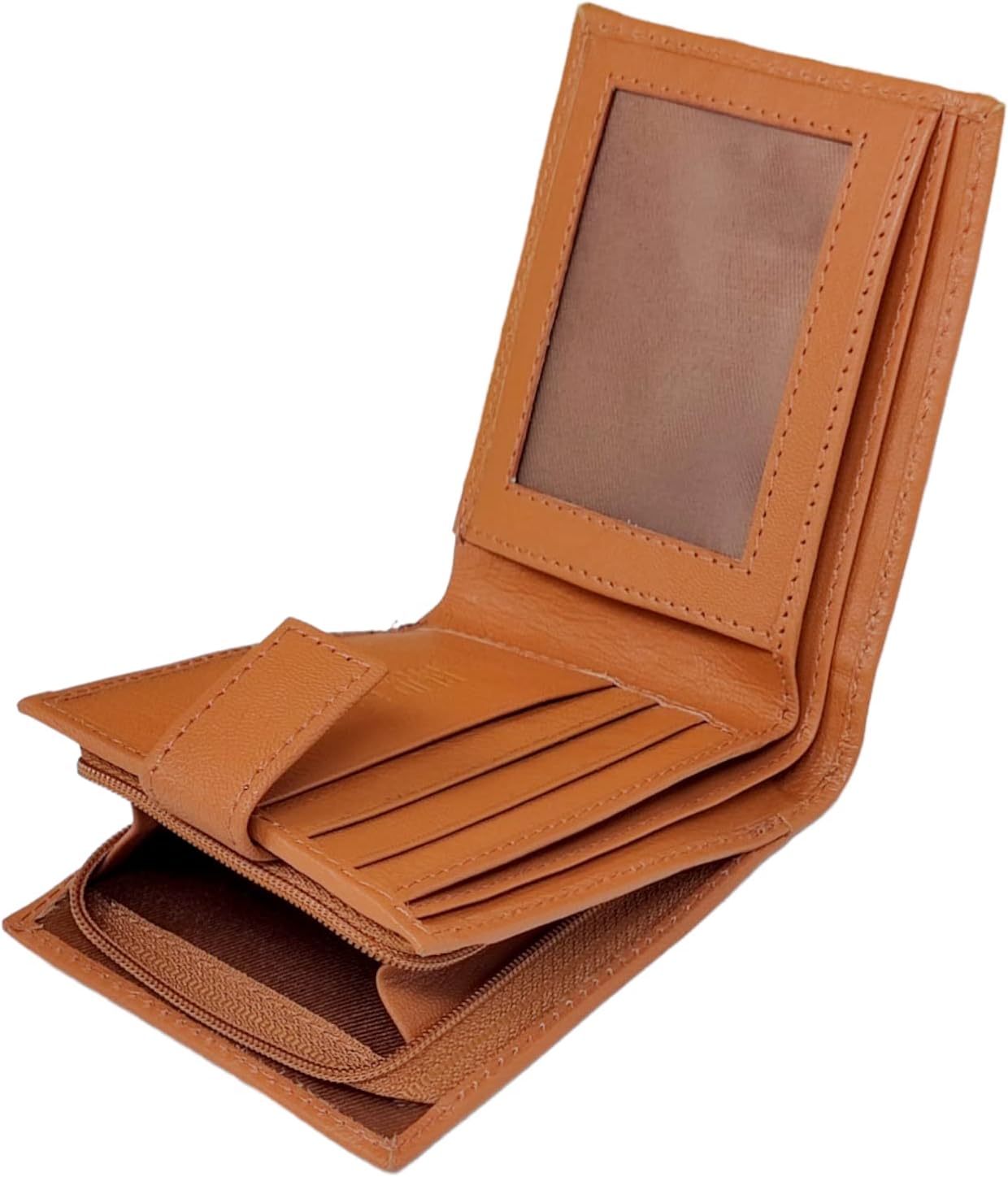 | RFID Blocking Gents Wallet, Credit Card Holder & Money Organisers for Men with ID Window & Side Zip Coin Pocket #44 (Tan)