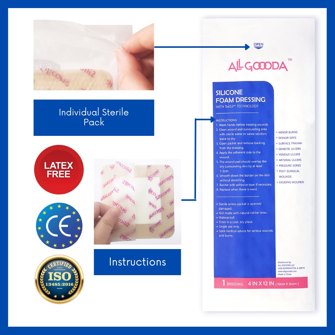 Silicone Foam Dressing 4”x12”[3 Pack] Post-Op Gentle Adhesive Border for Surgical Wound Care, Incision, Sacrum, Pressure Sore, Diabetic Ulcer, Extra Long Large Wound Bandage — Amazon image 5