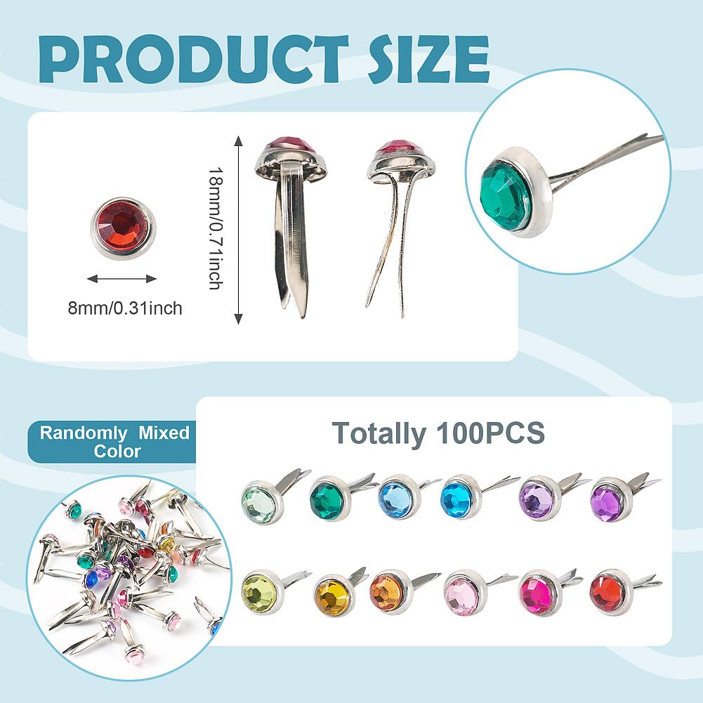 FASHEWELRY 100 Pcs 10Colors Mini Brads Rhinestone Paper Fasteners 8mm Faceted Rhinestone Brads for Paper Crafts DIY Scrapbooking Photo Album Embellishment Wedding Supplies