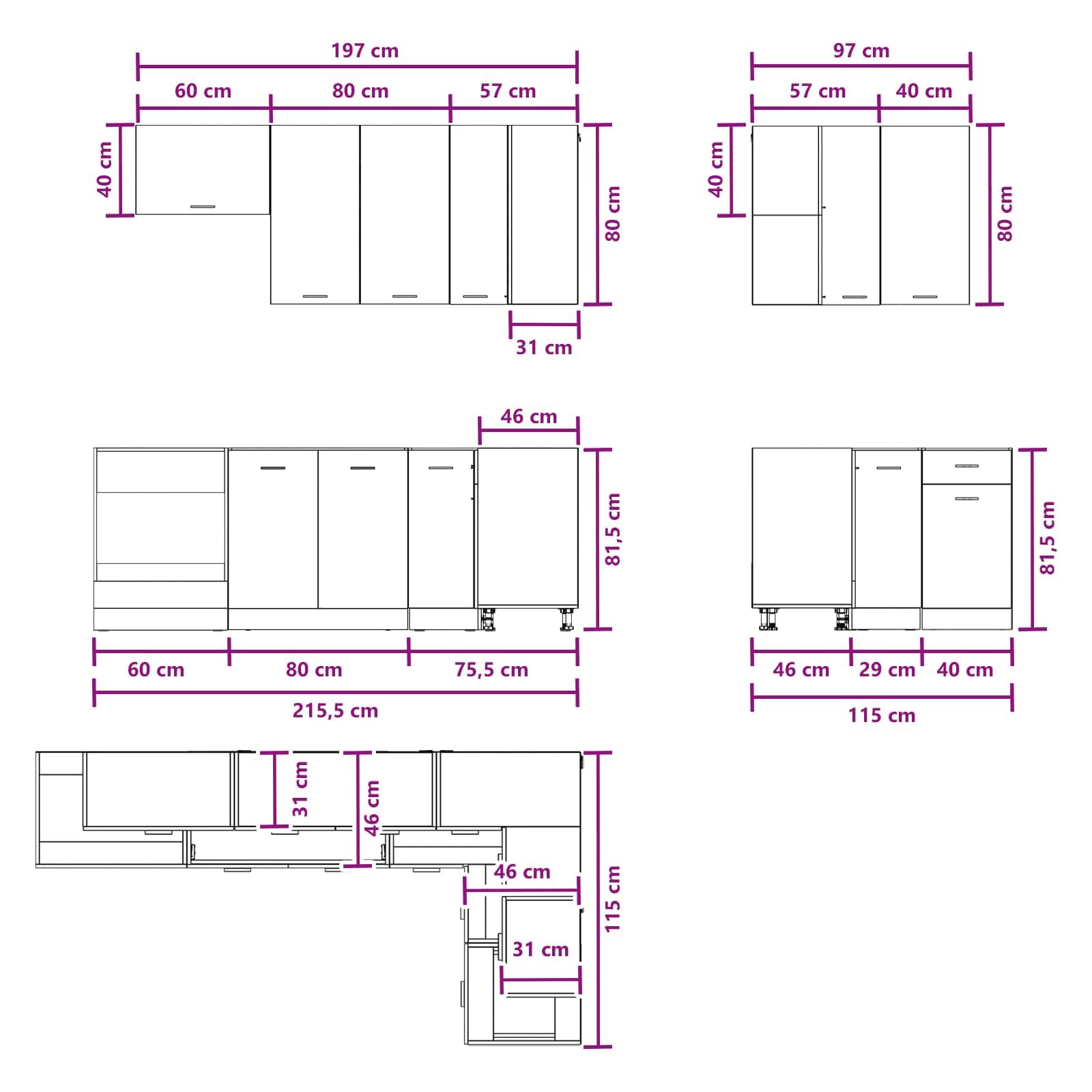 Küchenzeile 8-TLG Lyon Küchenschränke Geräucherte Eiche | Modulare Küchenmöbel aus Holzwerkstoff für Küche und Essbereich mit flexiblen Stellfüßen und Wandhalterung.