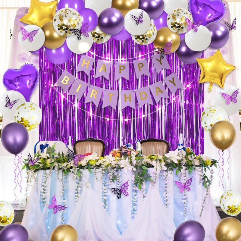 Miniatura 5 de Decoraciones de cumpleaños moradas para mujer con pancarta de feliz cumpleaños, cortinas, mariposa, globos de estrella de corazón y luz LED para
