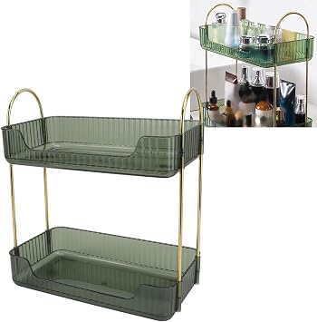 Double Layer Makeup Stand Modern Light Luxury 2 Tier Makeup Shelf Organizer for Brushes Eyeshadow Cosmetic Lipstick Nail Polish Jewelry 2 Tier Desktop Storage RackGreen