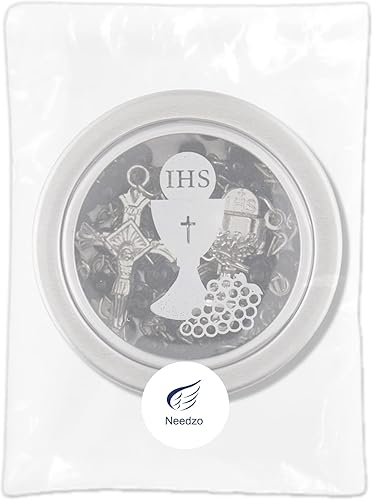 Miniatura 7 de Rosario de cuentas negras con cáliz y anfitrión pequeño, rosarios con cuentas de oración de vidrio y centro de mesa de crucifijo en tono plateado,