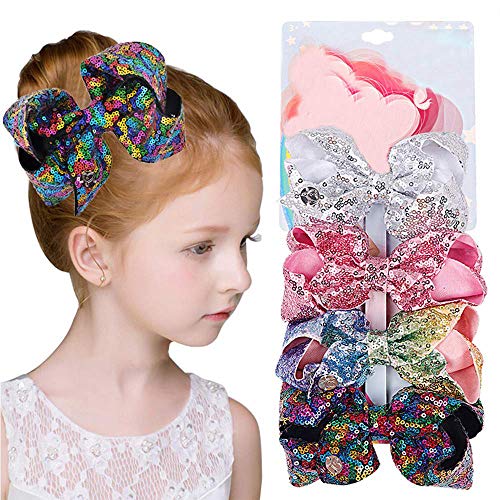 4 Pcs/Set 5 Inches Kalolary Sequin Glitter Bow Hair Alligator Clips for Little Girls Hair Barrettes Accessories Christmas Birthday Gift Holiday Present for Girls