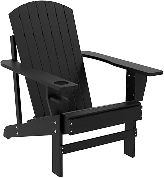 Havemies Wooden Adirondack Chair, Outdoor Patio Lawn Chair with Cup Holder, Weather Resistant Lawn Furniture, Classic Lounge for Deck, Garden, Backyard, Fire Pit Black
