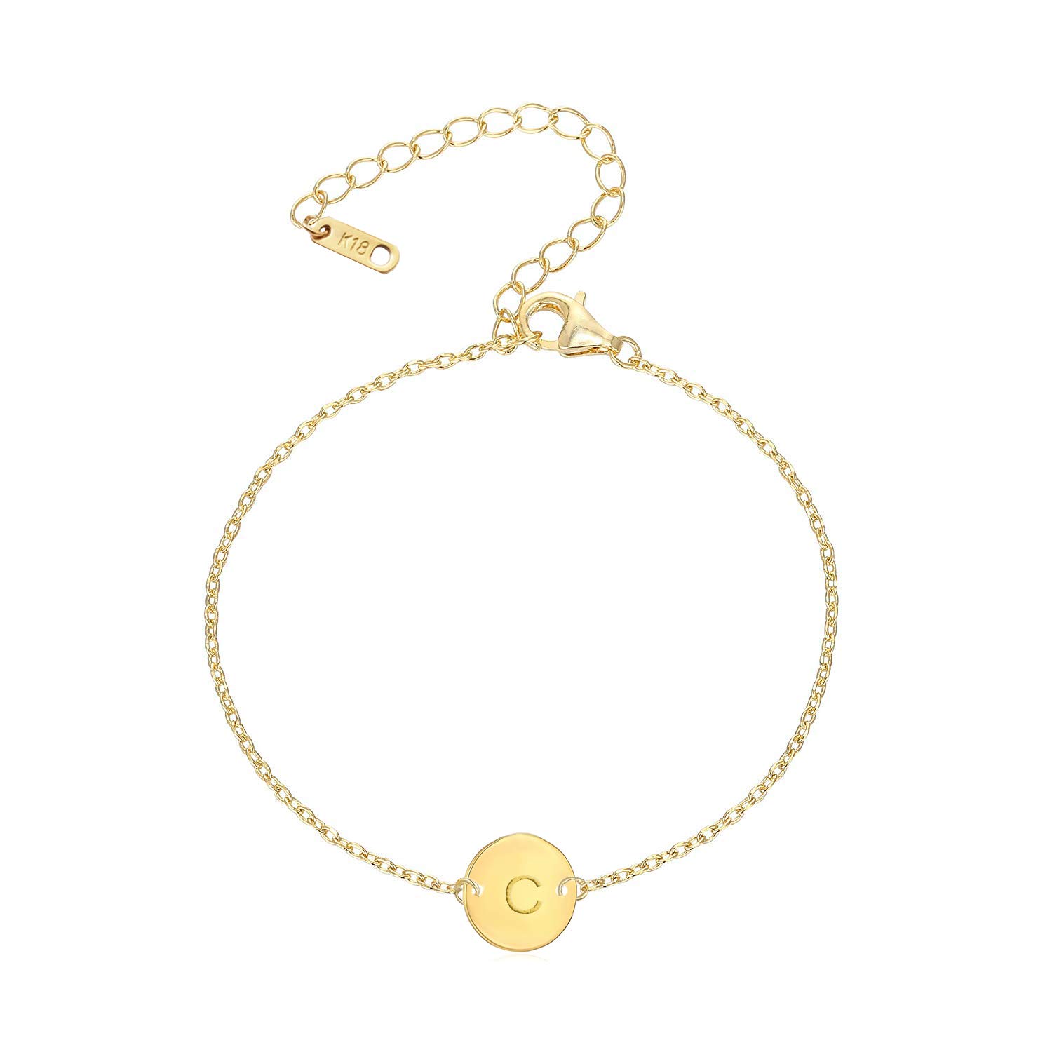 18K Gold Plated Stainless Steel Initial Bracelet Personalized Letter Charm Bracelet Small Dainty Disc Monogram Name Bracelet for Women