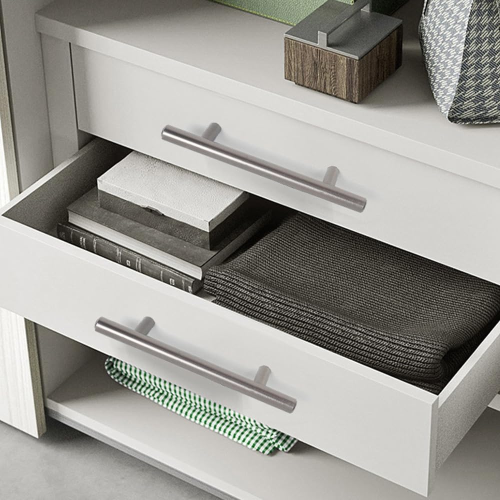 10 Pack Cabinet Pulls 5" Stainless Steel Nickel Brushed Cupboard Handles Silver 128mm T Bar Handles for Kitchen,Dressing Cabinets and Wardrobes,Bathroom Cabinets (10, Silver, 5.04" Hole Centers)