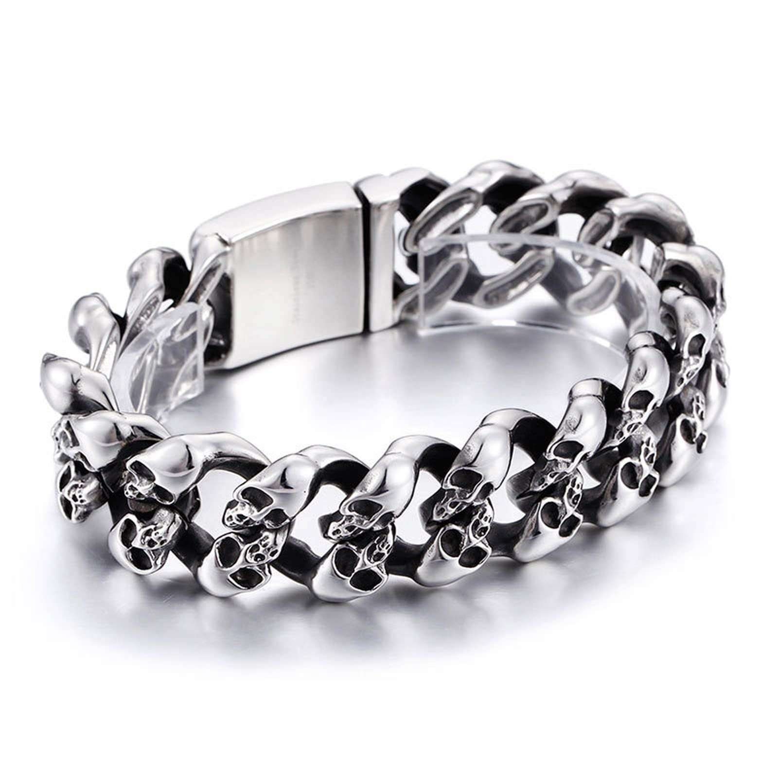 Herren Herrenarmband in Edelstahl, Schädel Panzerkette Personalisiertes Armband als Geschenk für Herren, Freunde und Familie, 21cm Länge, 19mm Breite, Schwarz