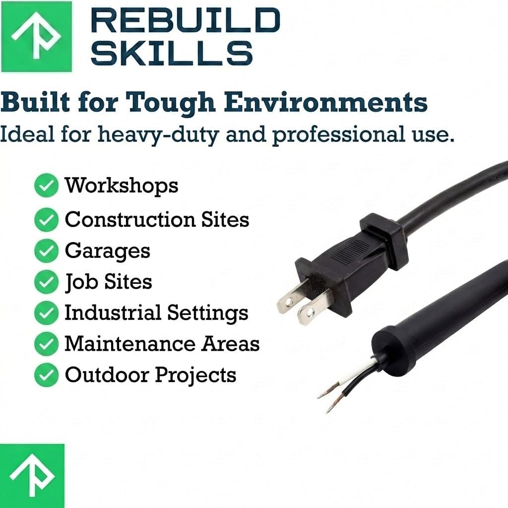 Rebuild Skills 8FT 16/2 Replacement Cord with Strain Relief Boot UL Listed STJ Plug for Drills Sanders Chop Circular Miter Saws Grinders Vacuums Kitchen Appliances Motors Power Tools 16 GA