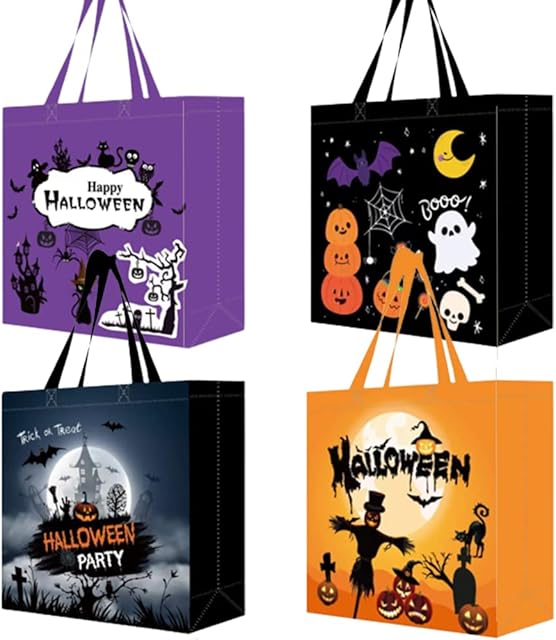 4 Pack Halloween Candy Bags, Non-Woven Reusable Gift Bags for Trick or Treating, Tote Bags for Treats Snacks, Halloween Goodie Bags Sweet Bags Party Supplies