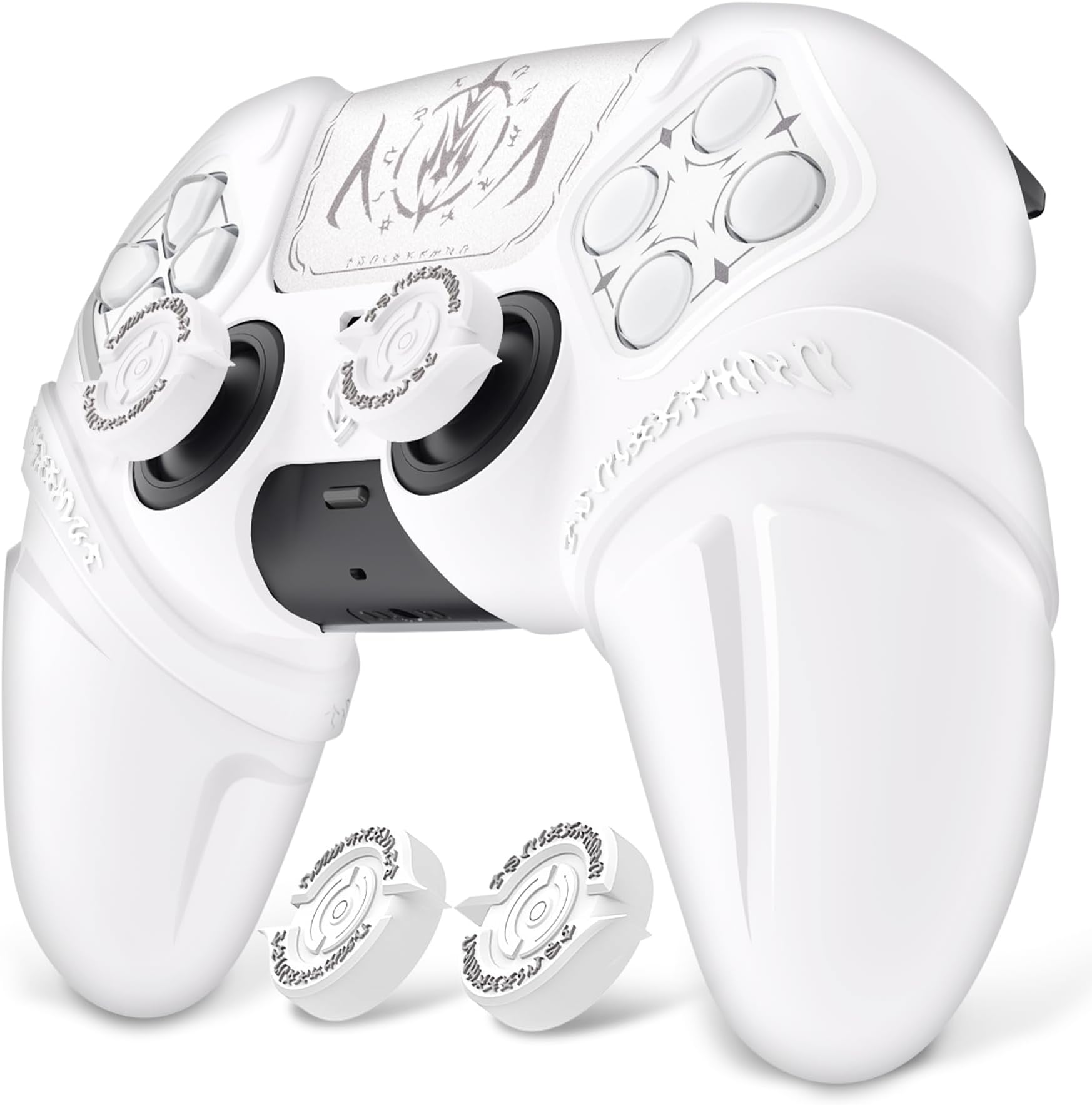 PlayVital Runes Edition PS5 Compatible Silicone Cover, Thumb Grip Cap, Touchpad Sticker, Cross Key Sticker, Compatible with PS5 Original Charging Stand with Cover (White)