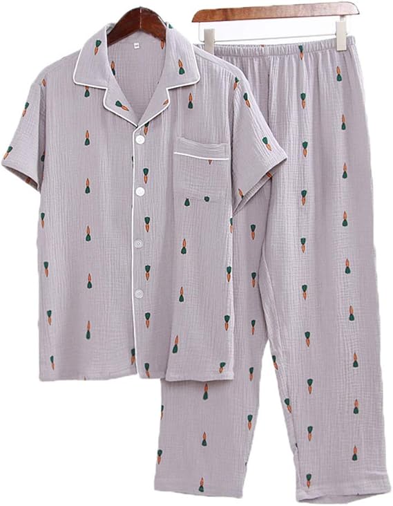 Amazon パジャマ メンズ レディース 半袖 ニンジン柄 可愛い Vネック ポケットあり 高級感 エレガント ショート 長ズボン 前ボタン ふんわり 肌に優しい 色褪せない カジュアル オシャレ かっこいい 灰色 体型カバー 寝巻き パジャマ ルームウェア 通販