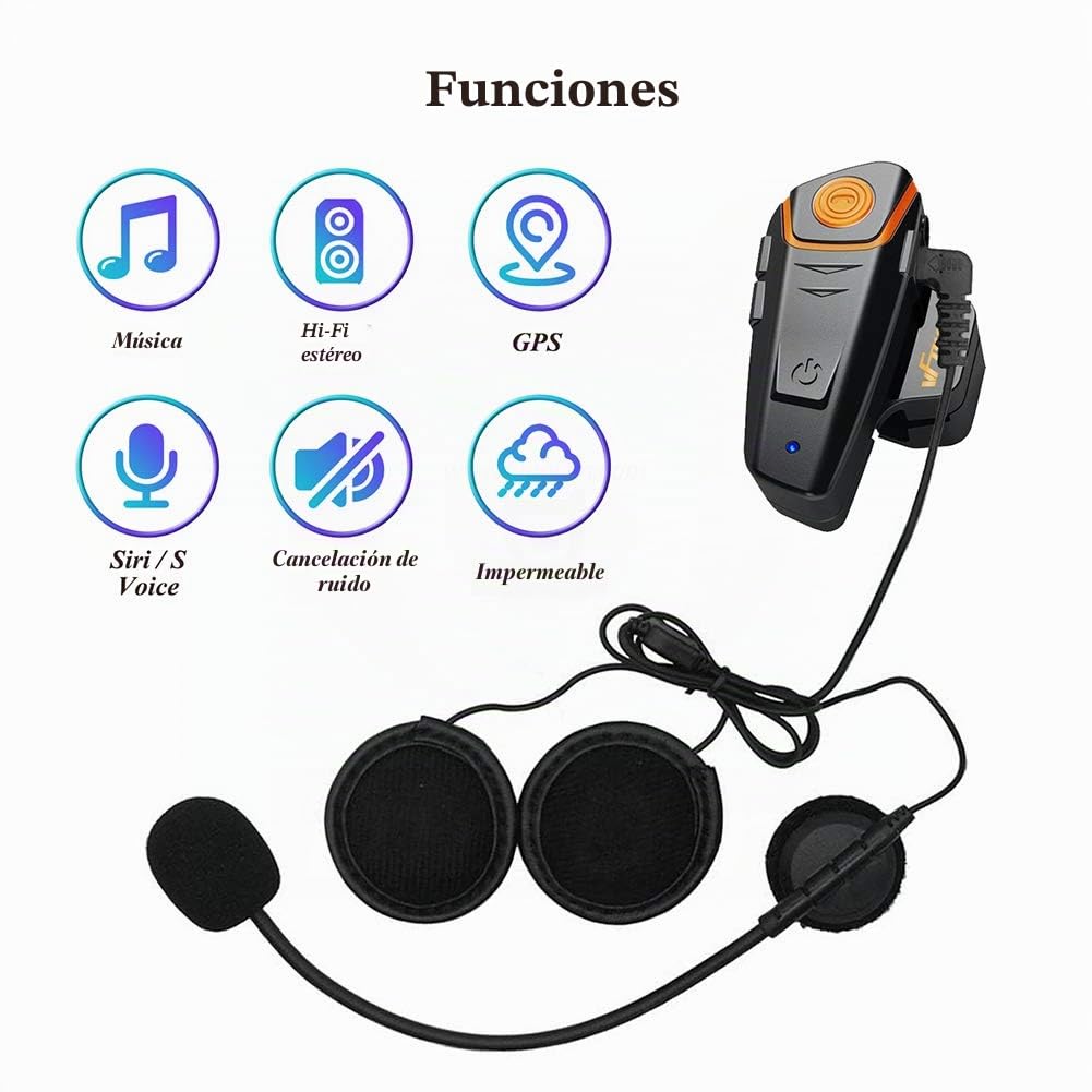 Qaurora BT-S2 1000 M Bluetooth Headset Impermeable, Casco Intercomunicador Interphone Móvil para 2 o 3 Jinetes y 2,5 mm de Audio para Walkie Talkie GPS (2 Pieza)