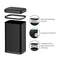 Vista 3 de Bote de basura de acero inoxidable de 13 galones con sensor sin contacto, diseño rectangular ancho, acabado cepillado, tapa automática para el Negro