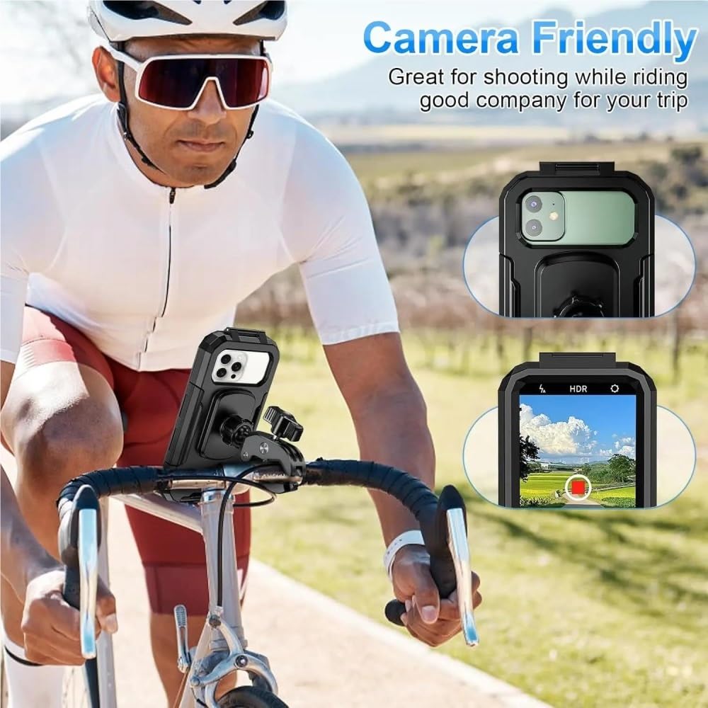 Soporte para Teléfono Bicicleta Manillar Impermeable para Motocicleta Pantalla Táctil Giratoria 360​​° Clip Antivibración para 5.5-7"(Strong Clamp)