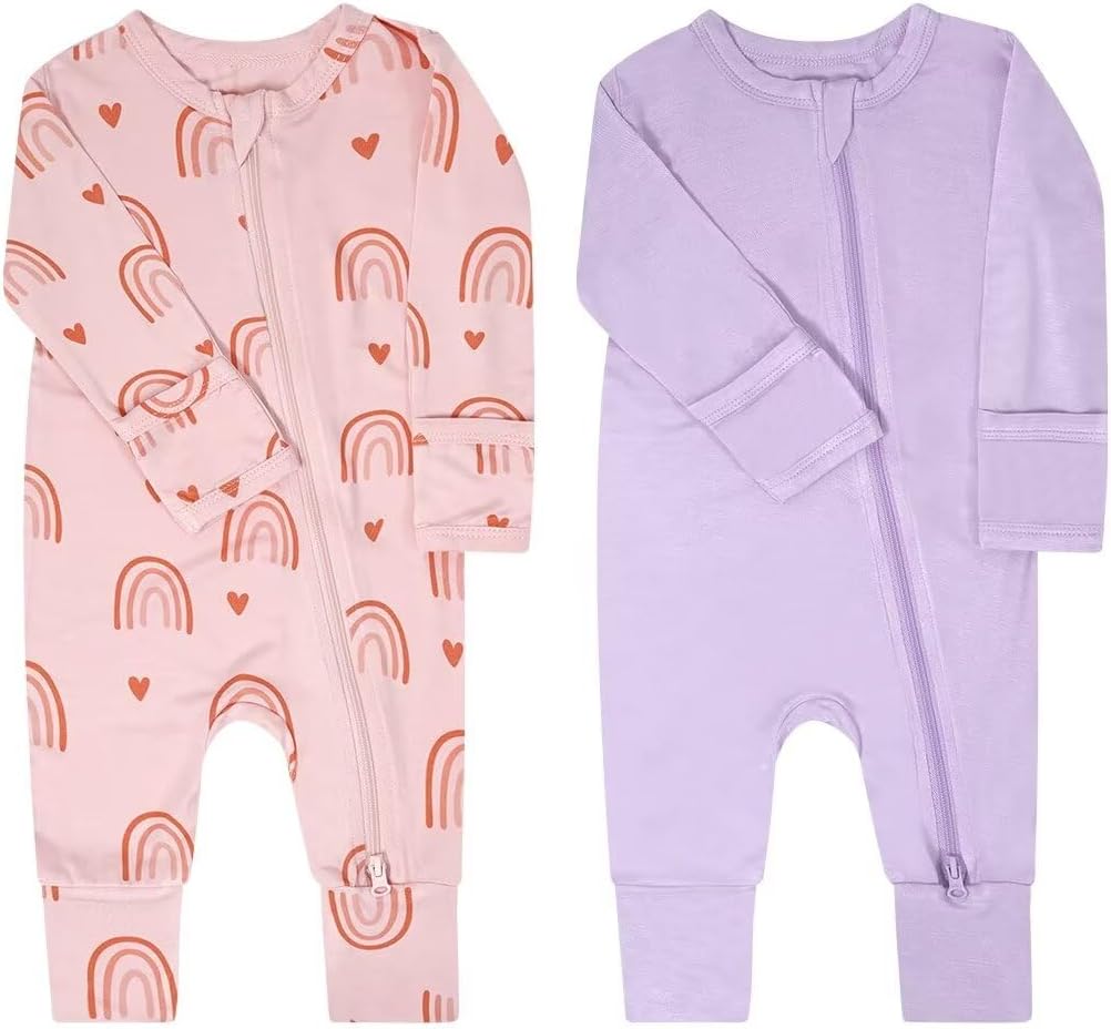 Teach Leanbh Baby Boys Girls 2 Pack Bamboo Viscose Pajamas with Mitten Cuffs 2 Way Zipper Long Sleeve Romper Sleep and Play