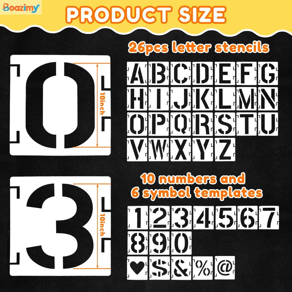 10 Inch 42 Pcs Reusable Letter Number Symbol Stencils, Plastic Painting Templates for Wood Wall Fabric Rock Chalkboard Signage School Door Porch DIY Art Craft Decoration Projects