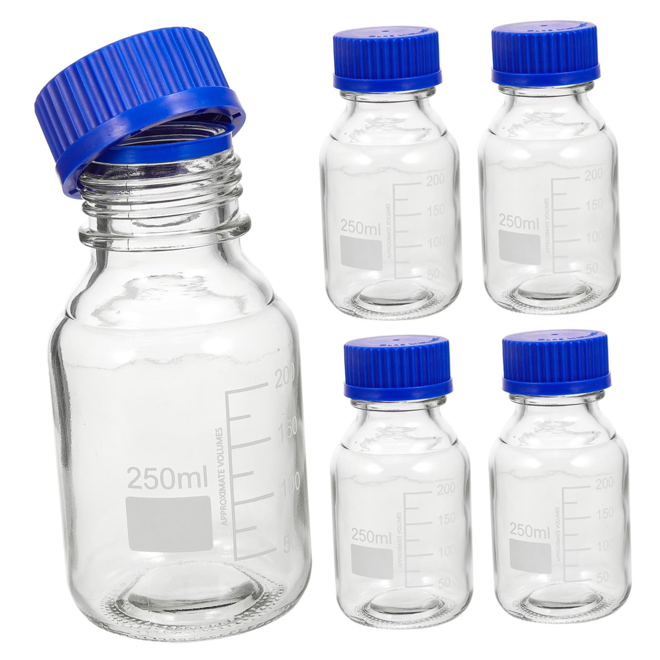 Bottiglie di Reagente in Vetro da 250ml Set da 4 Resistenti a Rotture con Tappo a Vite Blu e Multiuso per Laboratorio Chimico o Fabbrica