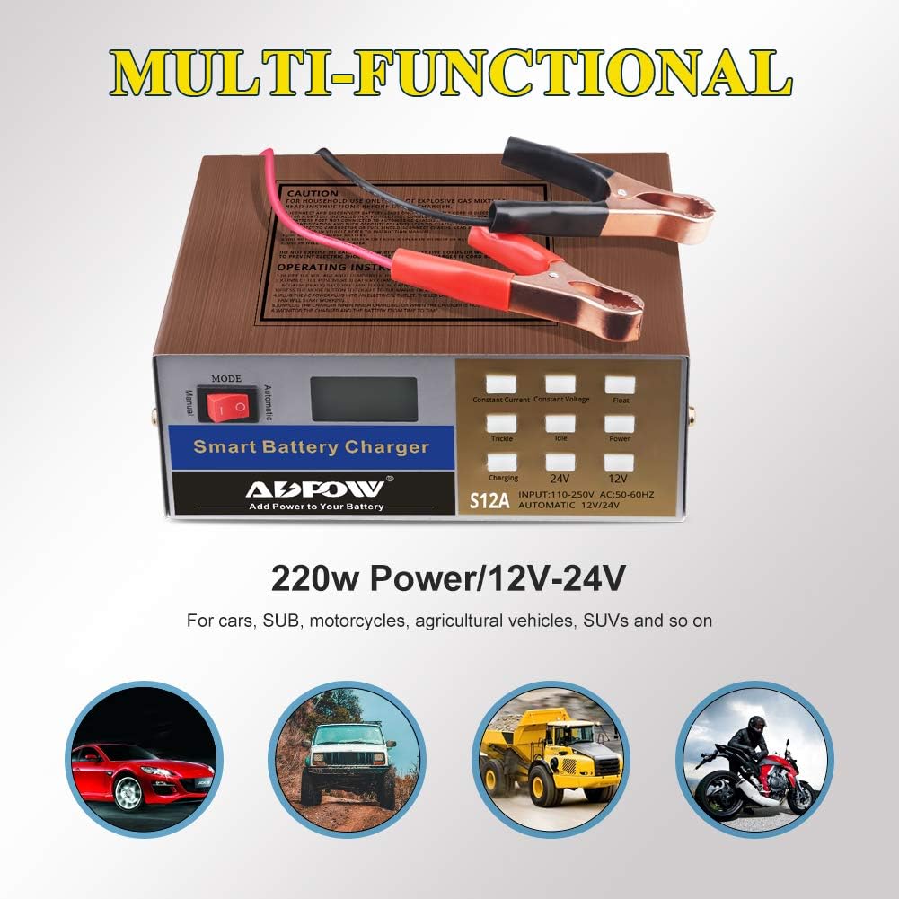 12 Volt Battery Charger 12V 24V 12A Automotive Smart Car Deep Cycle Battery Chargers Maintainer Intelligent Pulse Repair for Boat Marine Truck Lawn Mower with Terminal Clean Brush