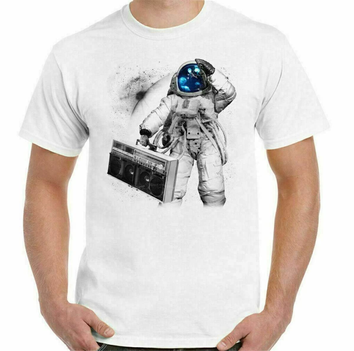 Momyxcjq Men's Color 18 Astronaut T-Shirt Nasa Space Blaster Funny Hi-Fi Spaceman Rap Dance White) Large