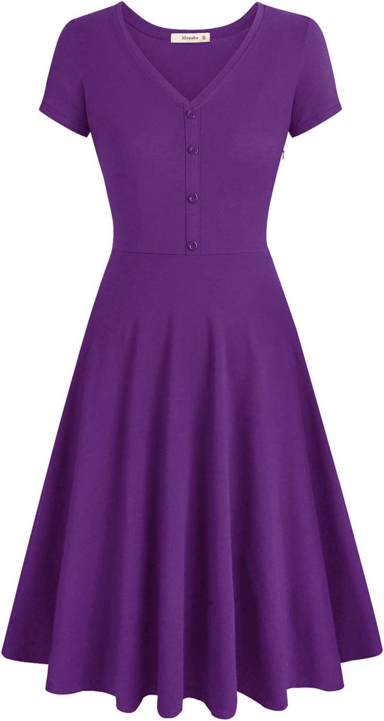 Women's V Neck Short Sleeve Button Casual Swing Midi Dress Purple XX-Large