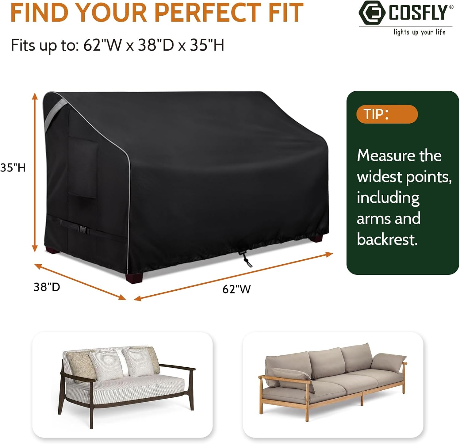 COSFLY Patio Furniture Cover Waterproof, 2-Seater Sofa, 62"W x 38"D x 35"H image 2