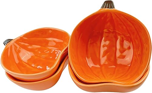 Ramequines de calabaza pequeños cuencos de cerámica para hornear, 6 onzas, aptos para horno, mini plato de calabaza para servir salsa y salsa, 4