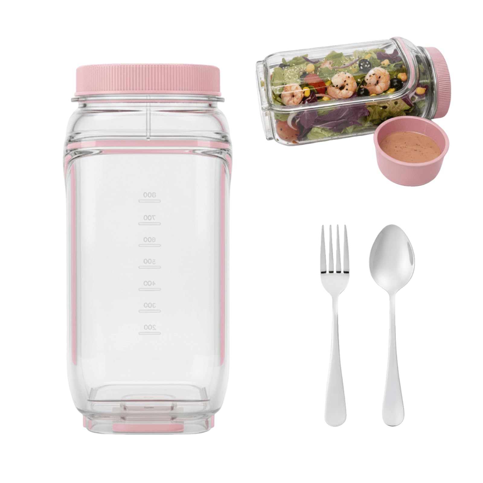 Upgraded Rectangular Salad Pod Mason Jar with Spoon & Fork, 1000ML Leakproof Salad Container with Side Opening & Dressing Cup, Microwave Safe for Office, Travel, Picnic & Outdoor (Pink)