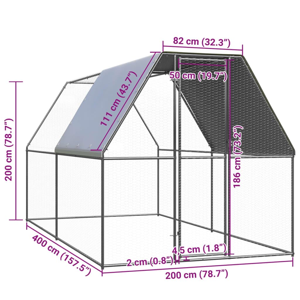 Jaula para pollos de acero galvanizado, 2 x 4 x 2 m, gran recinto exterior para pollos, patos y aves de corral, recinto estable para animales pequeños con techo y puerta con cerradura