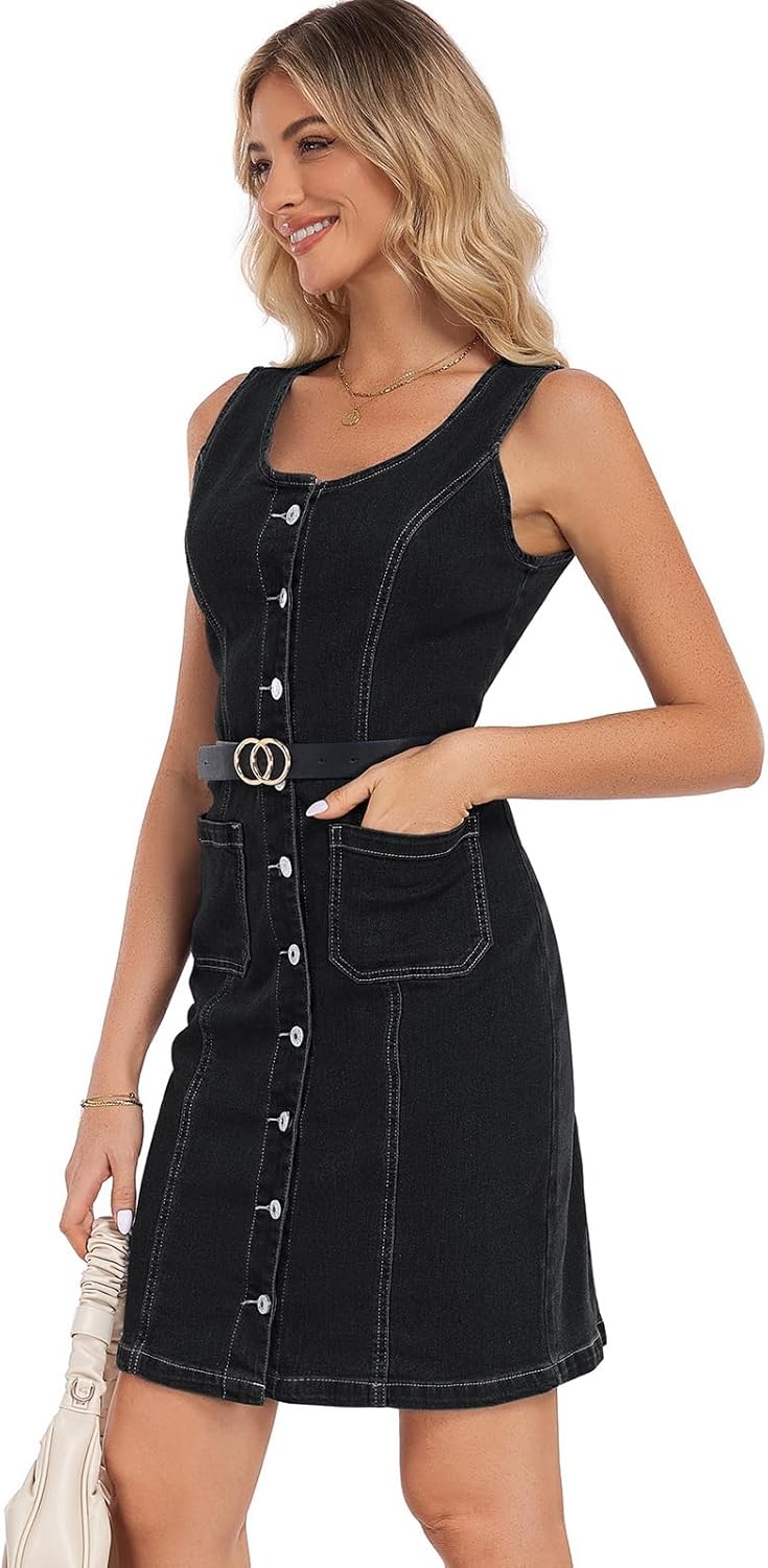 Women's Denim Dress Sleeveless Stretchy Crewneck Vintage Button Down Jean Dresses with Patch Pocket - Image 4