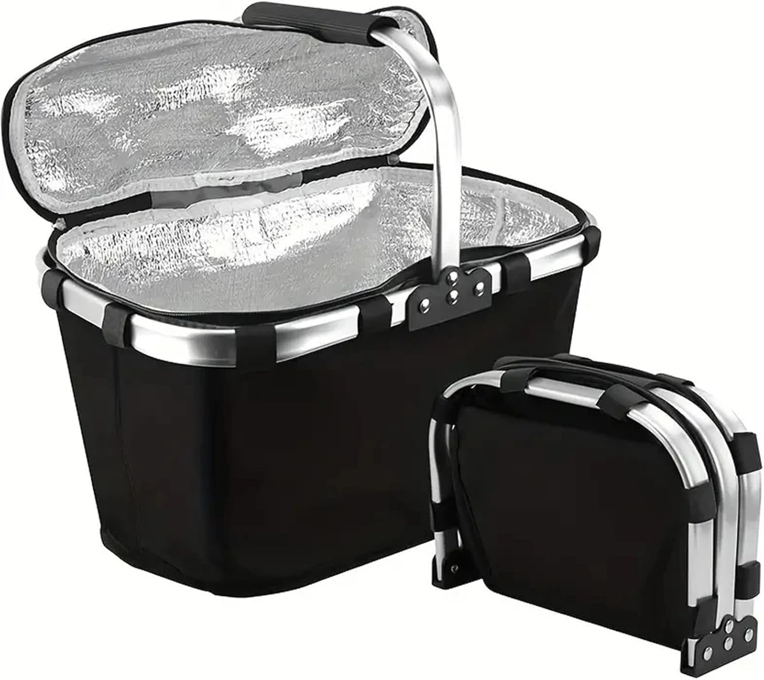 Collapsible Insulated Picnic Basket with Aluminum Frame, Foldable Thermal Storage Bag for Food, Groceries and Outdoor Use, Lightweight Portable Cooler Basket with Zipper Lid-image-28