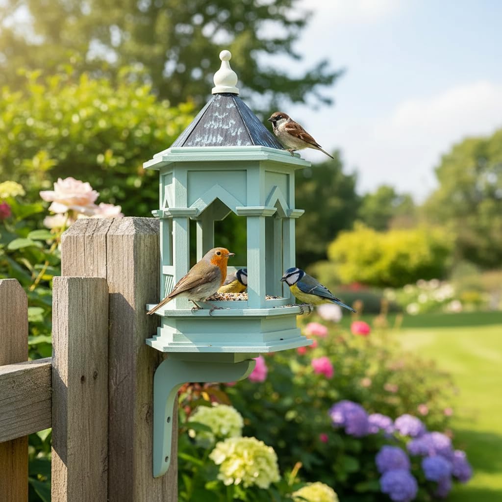 Premium Wood Gazebo Bird Feeder for Outside, Gothic Style Rustic Copper Roof Birdfeeder, Longtime Outdoor Weatherability, with Wall Mount Bracket.