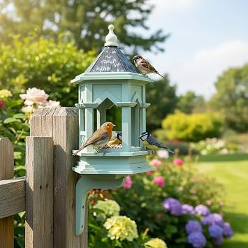 CEDAR ALPHA Premium Wood Gazebo Bird Feeder for Outside, Gothic Style Rustic Copper Roof Birdfeeder, Longtime Outdoor Weatherability, with Wall Mount Bracket.