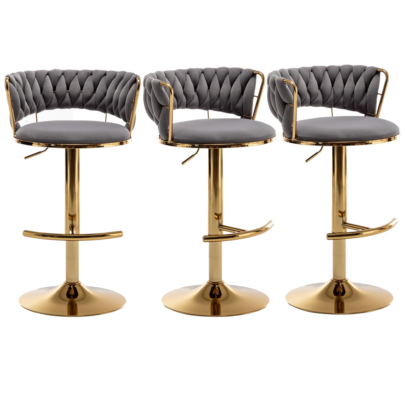 Canxkun Gold Bar Stools Set of 3, Counter Height Bar Chairs with Low Back, Velvet Adjustable Height Barstools, 360° Swivel Bar Stools for Kitchen