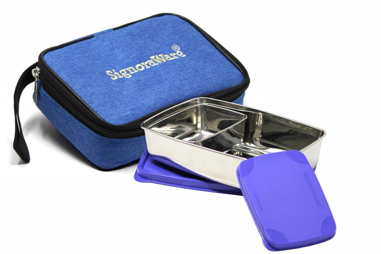 Signora Ware Compact Small Stainless Steel Lunch Box with Bag | Two Compartment Tiffin | Airtight Lid | Leak Proof | Useful for School & Picnics | for Office & School Use (150Ml + 550Ml | Violet)