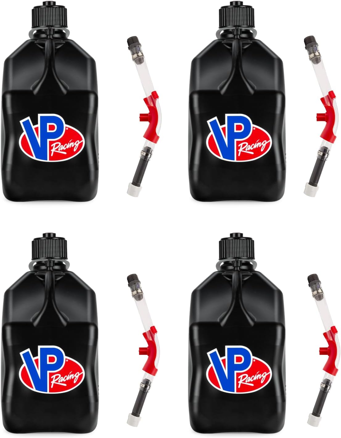 VP Racing 3582-CA, SQUARE Motorsport Jug 5.5 GALLON -Black, With Deluxe Filter Hose, and Hose Bender - (4 Pack)