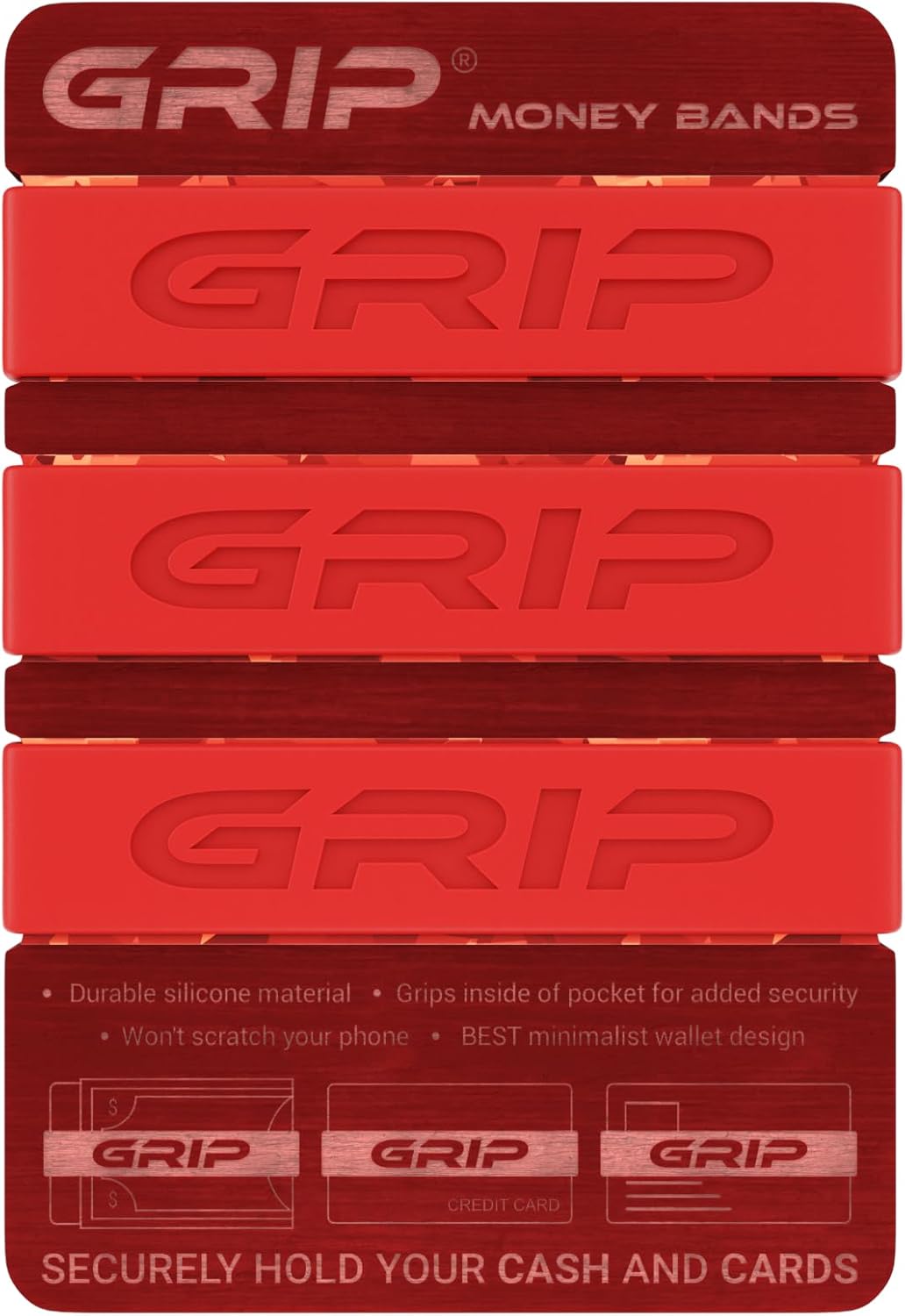 Grip Money Bands (Pack of 3) BLOOD RED Premium Silicone Band for Cash & Cards