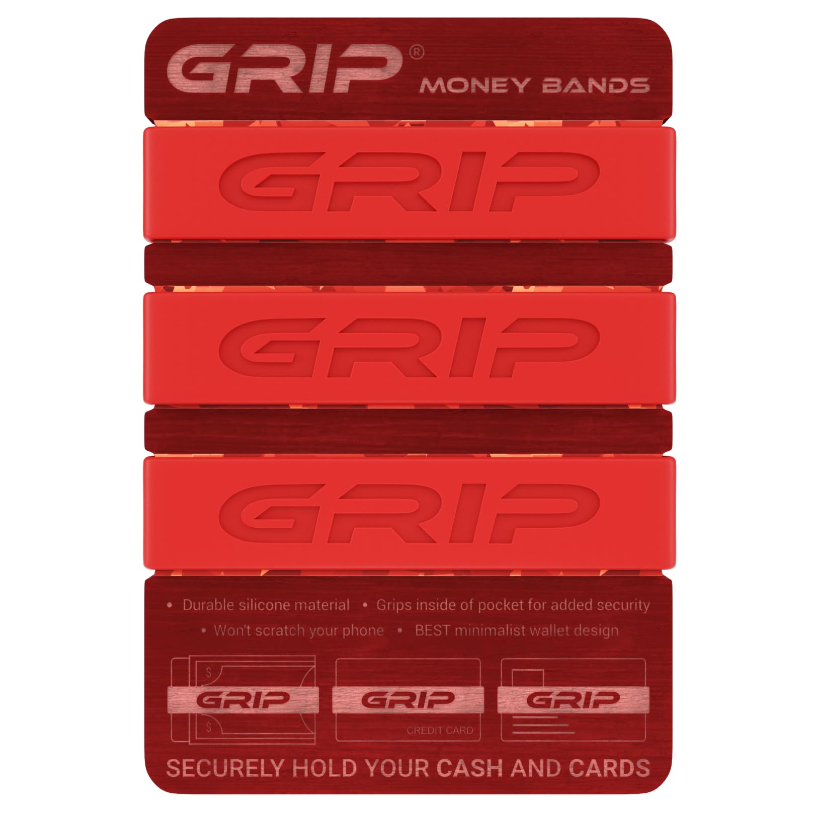 Grip Money Bands (Pack of 3) - BLOOD RED - Premium Silicone Band for Cash &amp; Cards - Slim &amp; Durable Design