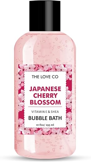 THE LOVE CO. Luxury Japanese Cherry Blossom Bubble Bath – Aromatherapy Soap and Bath Oil with Epsom Salt for Dry Skin – Moisturizing and Soothing – Suitable for All Ages and…