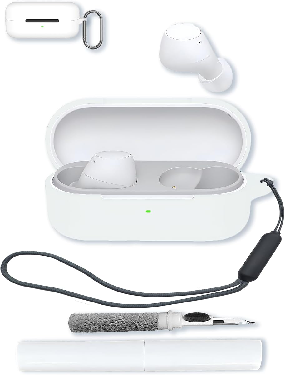 Case for Sony WF C510 Truly Wireless in-Ear Bluetooth Earbud,Soft Protective,Shockproof, BOVUGAC Silicone Case Cover with Keychain & Cleaning Kit & Lanyard-White