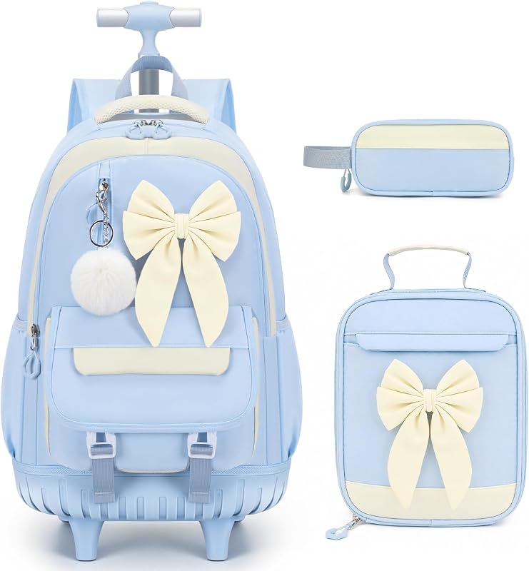 Rolling Backpack for Girls 3PCS with Lunch Bag Pencil Case | Bow Wheeled Girls Backpack Set, Waterproof School Bookbag, Elementary Middle High School, Blue