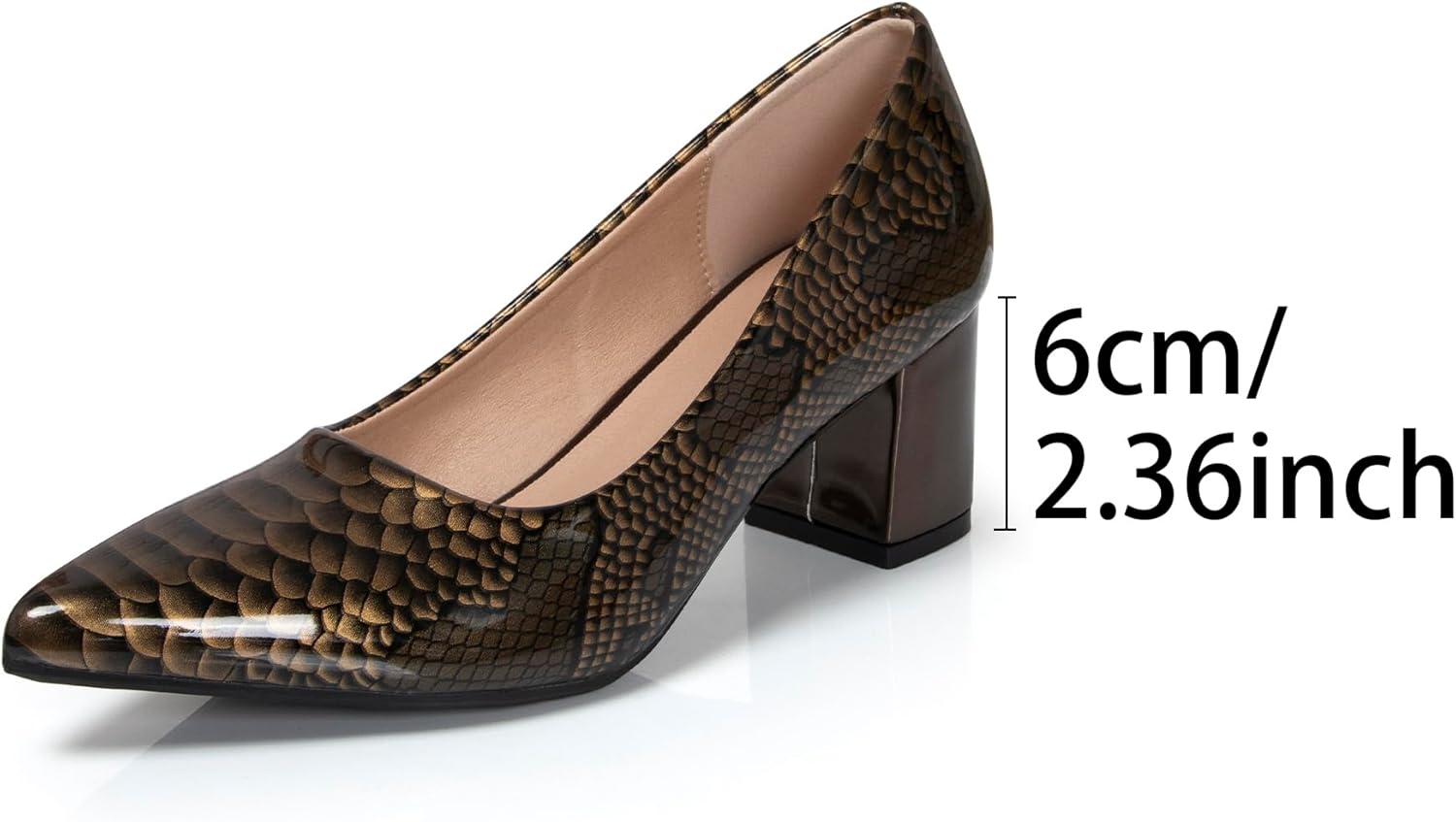 Pointed Closed Toe Block Pumps Shoes for Women 2 Inch Snakeskin Print Low Heels Women's Comfort Patent Leather Heels Slip-On Party Daily Dressy Shoes Noiseless Sole Available